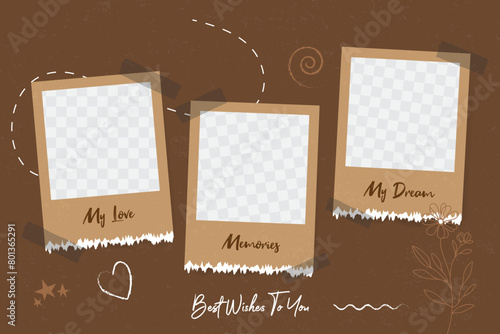 Hand drawn mood board of photos collage frame mockup background template