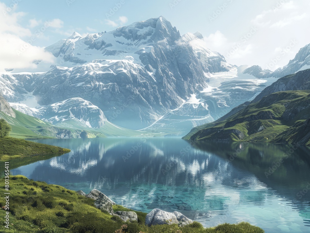 A scenic mountain landscape with lush green valleys, snowcapped peaks, and a crystalclear lake reflecting the blue sky 