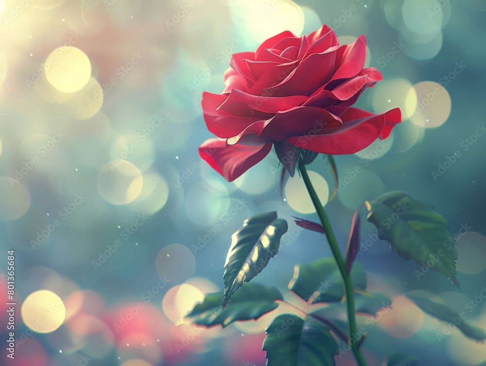 Obraz premium A single red rose in full bloom, background blurred to soft bokeh with hints of sunlight peeking through 