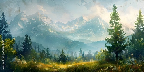 Majestic Mountainous Landscape with Lush Evergreen Forest and Winding Path Amid Misty Atmosphere for Air Painting
