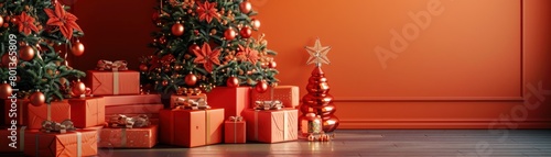 A photo of a room with a red wall and two Christmas trees decorated with red and gold ornaments. There are also several wrapped presents under the trees.