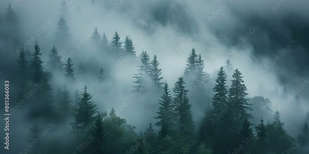 Moody and Misty Forest Landscape in the Mountains with Dramatic Clouds and Atmosphere Moody and Misty Forest Landscape in the Mountains with Dramatic Clouds and Atmosphere