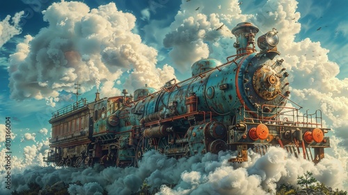 Vintage steam locomotive in dreamy cloudscape photo