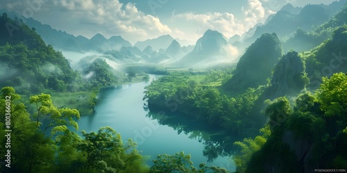 Lush and Majestic Nature Landscape with Winding River and Towering Mountains in Tropical Rainforest Wilderness photo