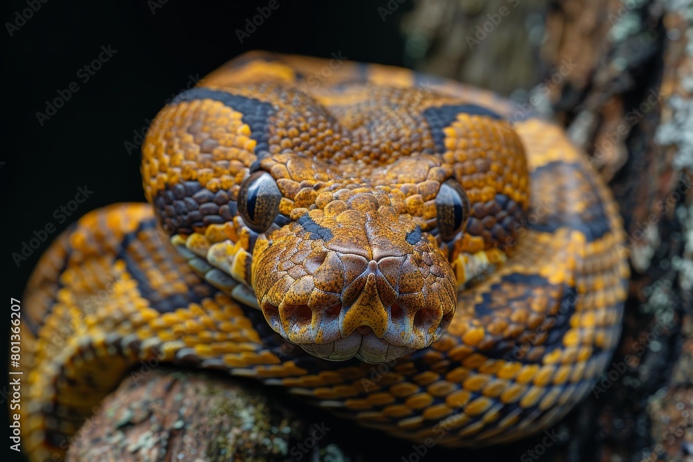 Boa Constrictor: Wrapped around a tree trunk with muscular body, illustrating strength Boa Constrictor: Wrapped around a tree trunk with muscular body, illustrating strength