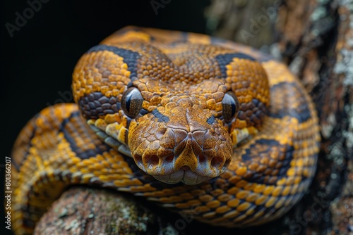 Boa Constrictor: Wrapped around a tree trunk with muscular body, illustrating strength © Nico