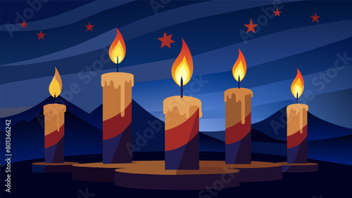 As dusk settles in candles are lit to honor the fallen soldiers on Independence Day. The glowing flames serve as a symbol of the soldiers enduring. Vector illustration