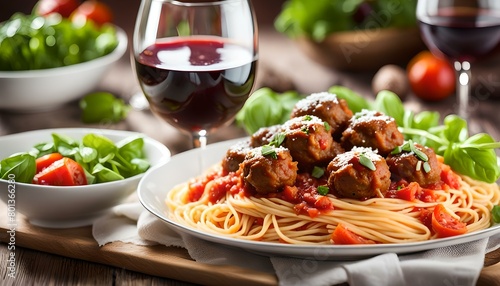 Spaghetti with tomato sauce and meatballs, fresh vegetable salad and red wine 