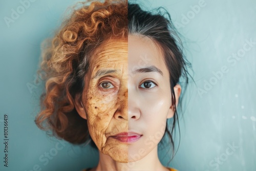 Life transition portraits in aging: exploring white aging signs through bleaching treatments and young transformations.
