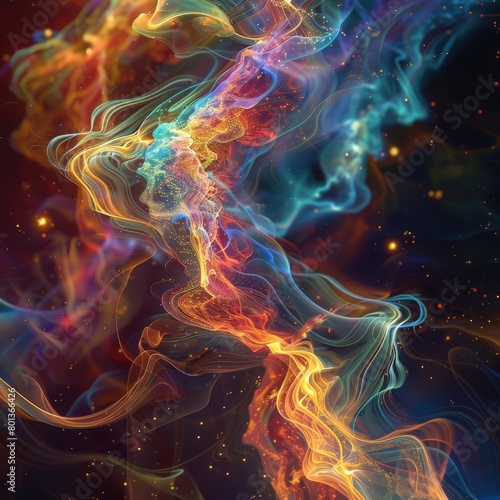 A swirling cloud of colorful smoke rising from a bonfire  its wispy tendrils forming a mesmerizing network of lines and particles. 