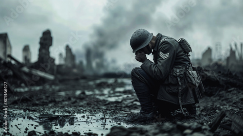 Despair of a soldier in aftermath of battle photo