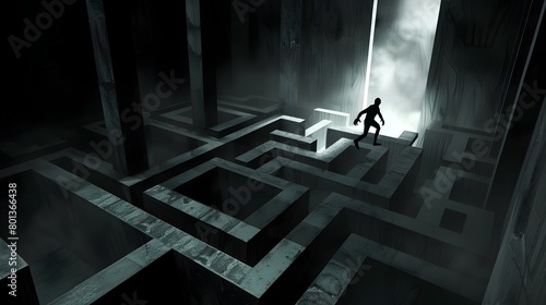 Shadowy Pursuer Chases Through Perilous Geometric Labyrinth photo
