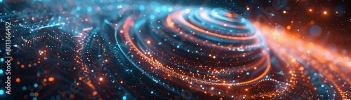 Blue and orange glowing particles form a swirly pattern on a black background. photo