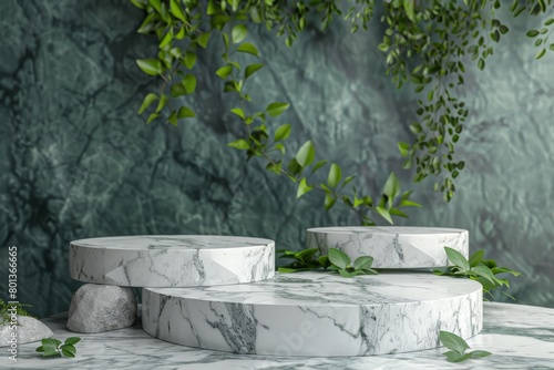 White marble podiums with green leaves on dark green marble background. photo