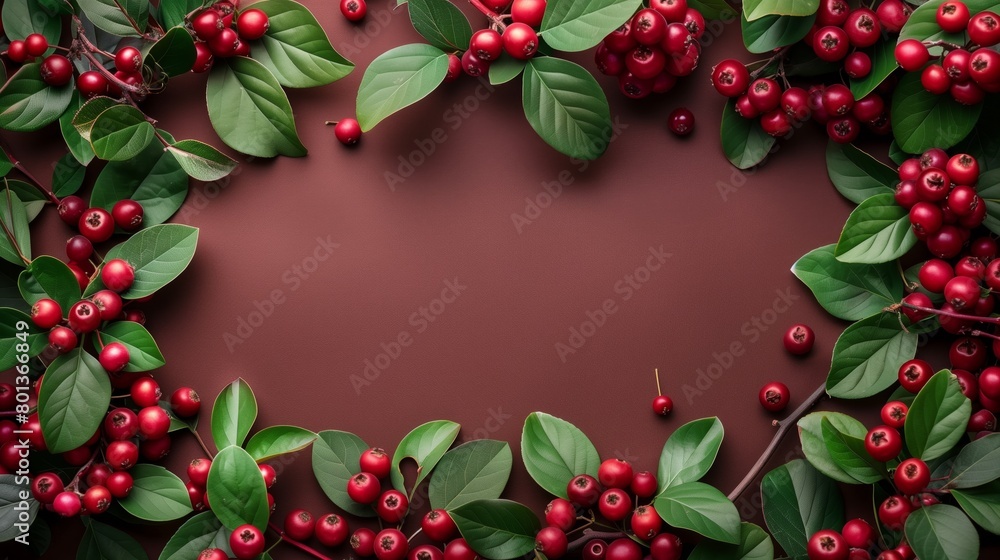 A vibrant top view of red berries and green leaves framing a dark red background. A vibrant top view of red berries and green leaves framing a dark red background.