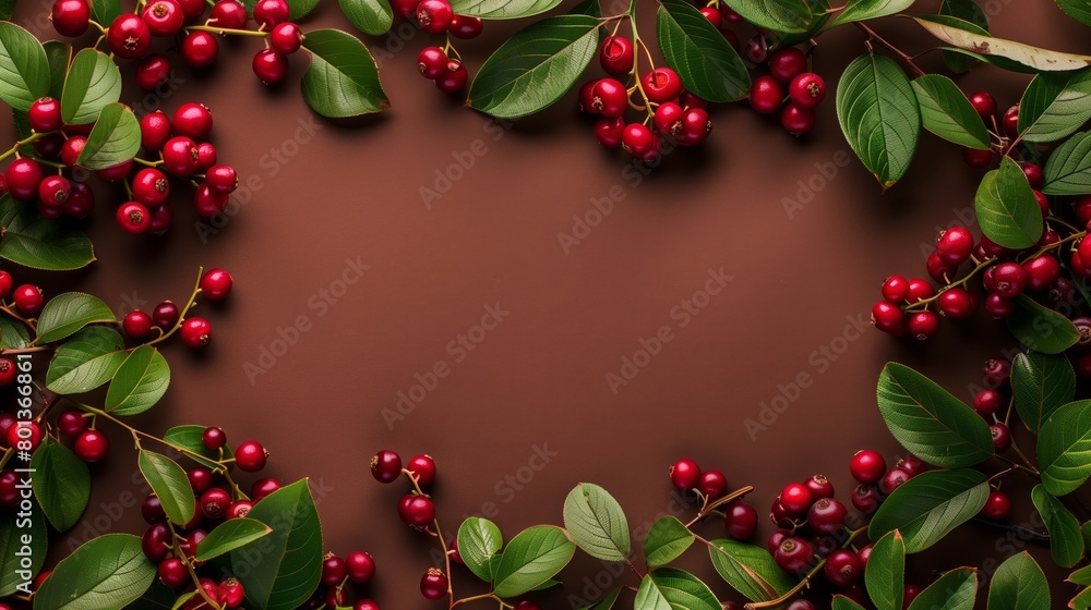 A decorative arrangement of vibrant red berries and lush green leaves on a dark brown background. A decorative arrangement of vibrant red berries and lush green leaves on a dark brown background.