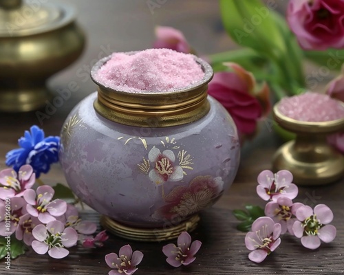 Cosmetic jar adorned with pink sugar and small, vibrant flowers