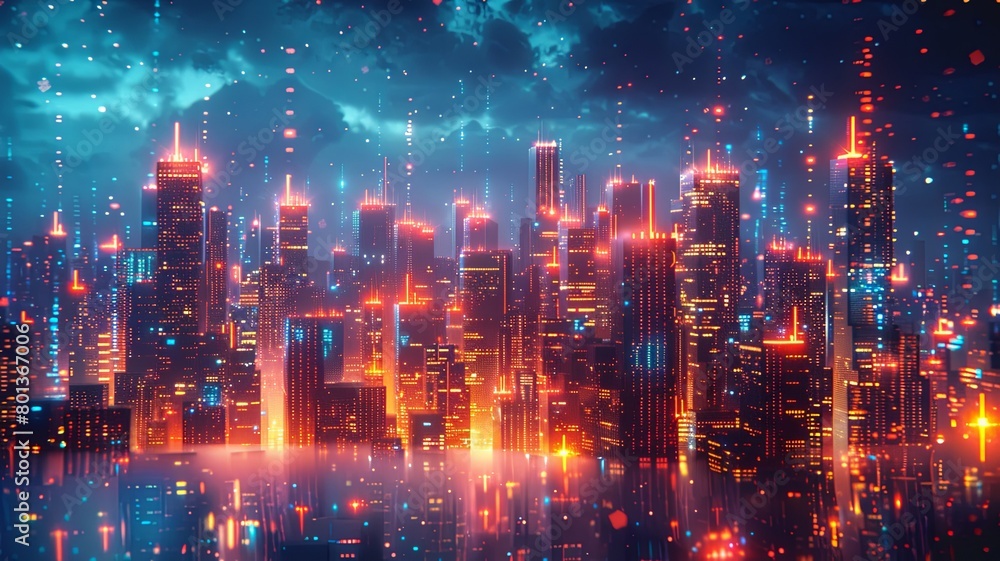 A visually stunning depiction of a futuristic cityscape, where skyscrapers and buildings pulse with neon-lit digital circuits and glowing data streams, set against a starry night sky A visually stunning depiction of a futuristic cityscape, where skyscrapers and buildings pulse with neon-lit digital circuits and glowing data streams, set against a starry night sky