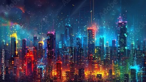A visually stunning depiction of a futuristic cityscape, where skyscrapers and buildings pulse with neon-lit digital circuits and glowing data streams, set against a starry night sky