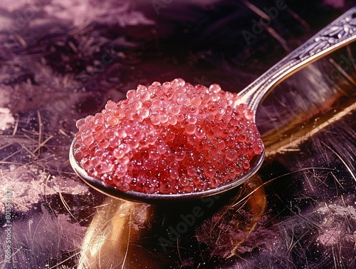 Detailed view of pink caviar in a small silver spoon photo