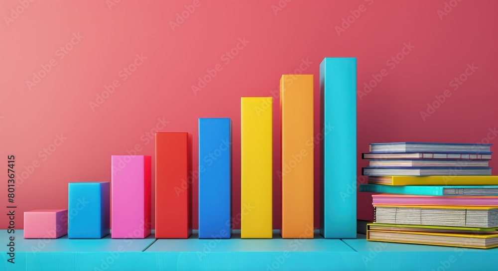 A bar graph with bright, rainbow colors and a stack of books on the right. The background is pink, and the table is blue. A bar graph with bright, rainbow colors and a stack of books on the right. The background is pink, and the table is blue.
