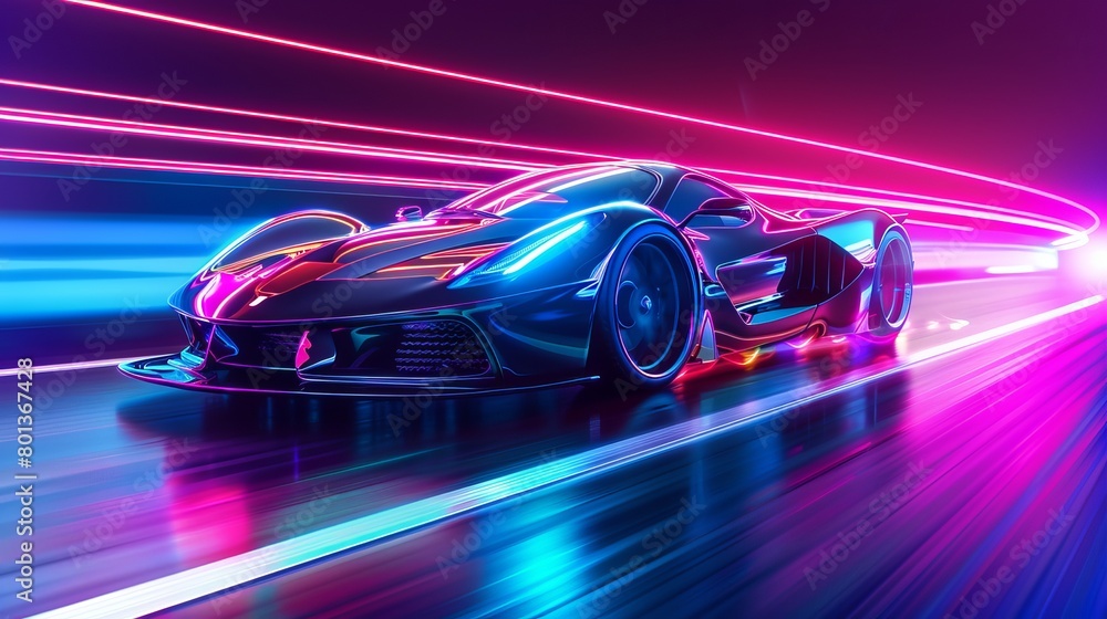 Illustration of a futuristic sports car speeding on a neon highway at night, showcasing powerful acceleration and colorful lights. 3D Illustration of a futuristic sports car speeding on a neon highway at night, showcasing powerful acceleration and colorful lights. 3D