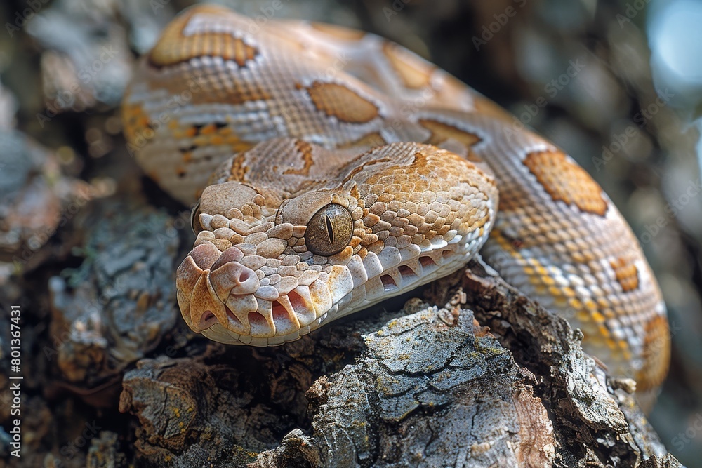 Boa Constrictor: Wrapped around a tree trunk with muscular body, illustrating strength Boa Constrictor: Wrapped around a tree trunk with muscular body, illustrating strength