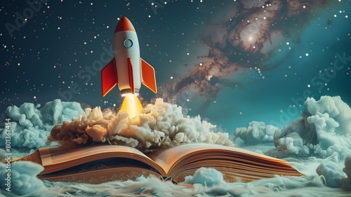 A vivid depiction of a rocket bursting from the pages of a textbook, symbolizing an inspiring journey through the vibrant world of knowledge