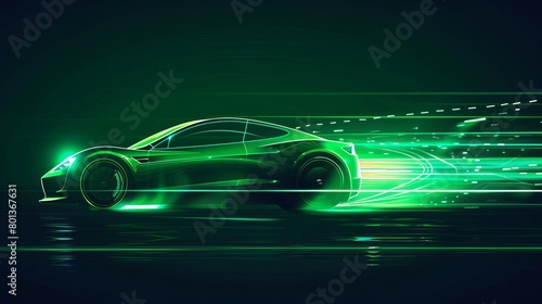 Illustration of a green neon electric car speeding in darkness, symbolizing rapid EV motion. Vector