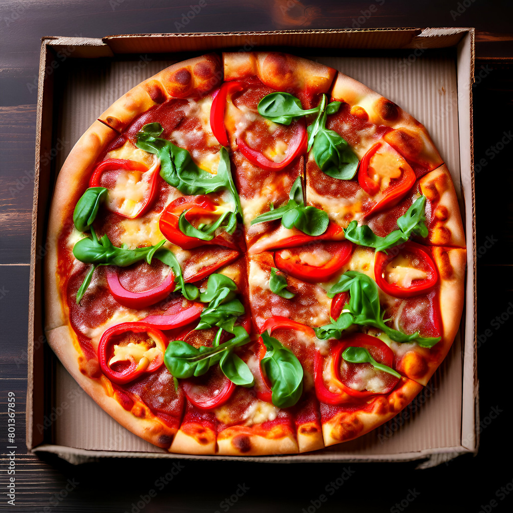 pepperoni pizza with bell peppers and arugula in open carton box on dark wooden table flat lay with,Pizza next to a pizza delivery package created wit generative ai
pepperoni pizza with bell peppers and arugula in open carton box on dark wooden table flat lay with,Pizza next to a pizza delivery package created wit generative ai