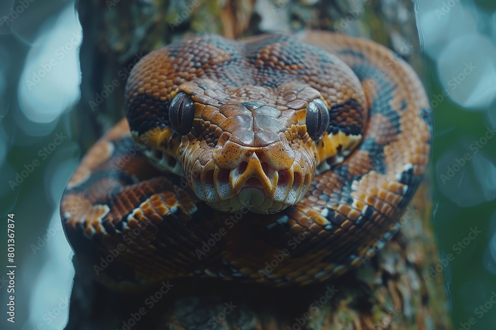 Boa Constrictor: Wrapped around a tree trunk with muscular body, illustrating strength Boa Constrictor: Wrapped around a tree trunk with muscular body, illustrating strength