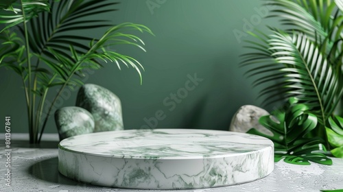 A marble podium with green leaves and rocks in the background. © Sittipol 