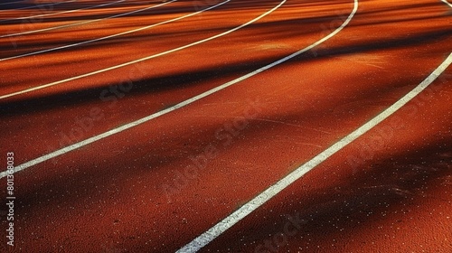 Athletic track showcasing a vibrant red surface and clear white lanes photo