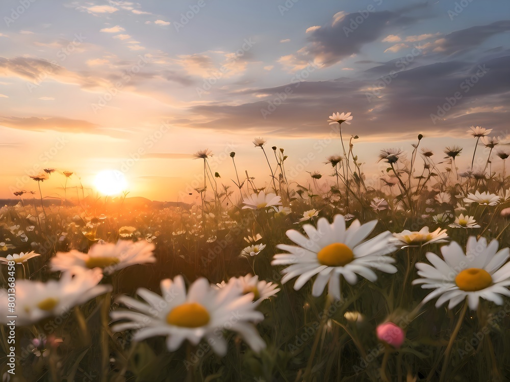 field of daisies and sunset