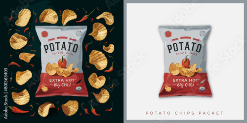 Vector Potato Chips with sprinkles and big chili packet bag Design template 