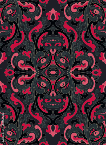 Vector damask pattern with stylized mask. Mystical abstract design with a faces. Grey and pink seamless template for wallpaper  textile  carpet. 