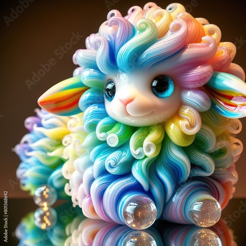 A stunning blown glass sculpture of a playful, fluffy lamb with seamlessly blended rainbow colors swirling through its fur