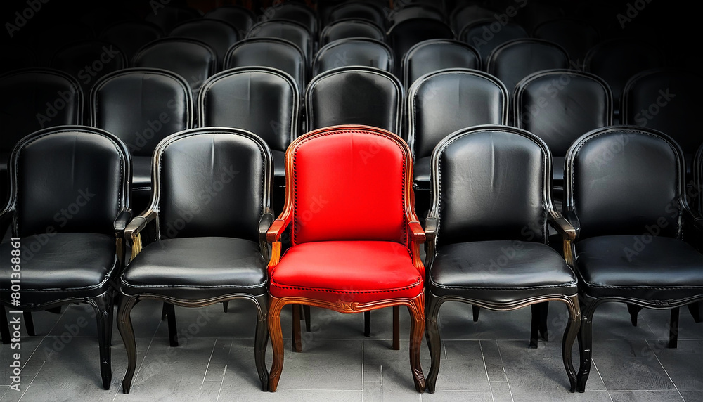 Obraz premium Closeup of one empty red armchair among the other black armchairs. Standing out from the crowd, thinking outside the box, leadership and individuality concept. Generative Ai.