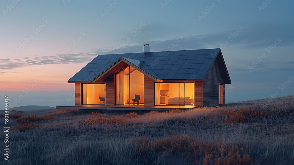 Cozy Countryside Cottage with Solar Panels Harnessing Renewable Energy at Sunset