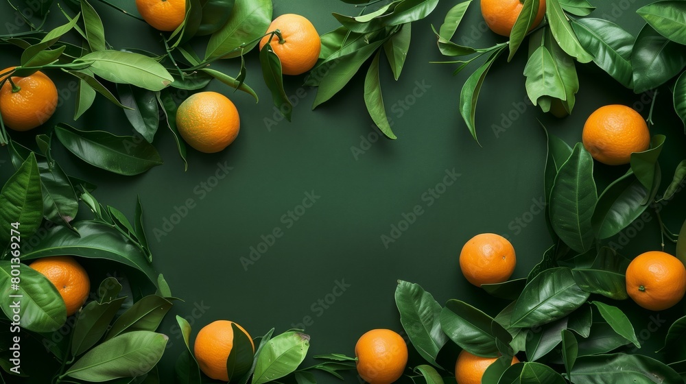 Fresh oranges with lush green leaves on a deep green background, arranged in a beautiful frame. Fresh oranges with lush green leaves on a deep green background, arranged in a beautiful frame.