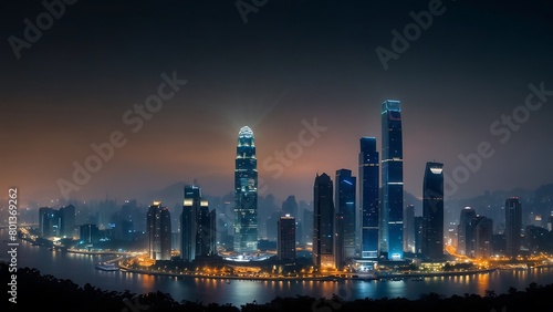 Shanghai city skyline at night with fog and lights  China.