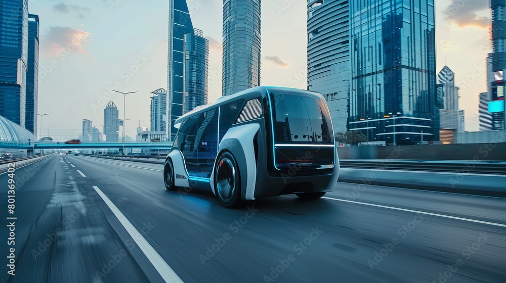 Image of a futuristic self-driving van navigating a modern cityscape with glass skyscrapers—a glimpse into the future of autonomous vehicles. Image of a futuristic self-driving van navigating a modern cityscape with glass skyscrapers—a glimpse into the future of autonomous vehicles.