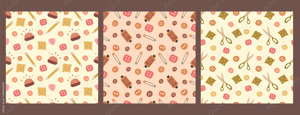 Sewing seamless patterns set. Pincushion, scissors, thread, pins and buttons. For wrapping paper, background, cover, case