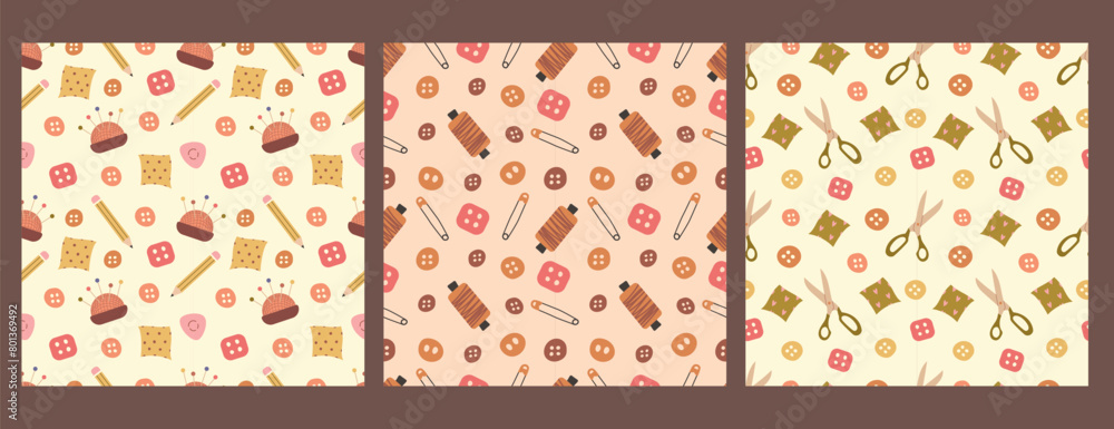 Sewing seamless patterns set. Pincushion, scissors, thread, pins and buttons. For wrapping paper, background, cover, case Sewing seamless patterns set. Pincushion, scissors, thread, pins and buttons. For wrapping paper, background, cover, case
