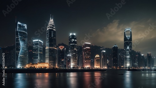 Shanghai city skyline at night with fog and lights  China.