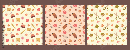 Sewing seamless patterns set. Pincushion, scissors, thread, pins and buttons. For wrapping paper, background, cover, case
