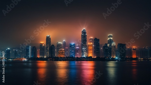 Shanghai city skyline at night with fog and lights  China.