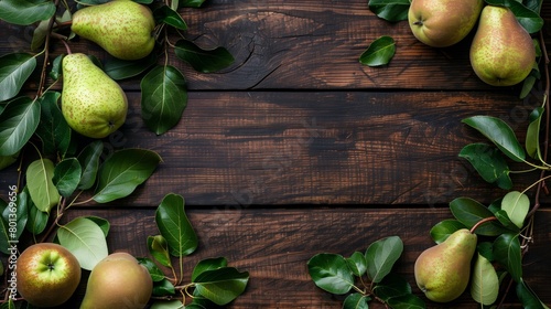 A rustic wooden background with scattered ripe pears and fresh leaves, creating a nature-inspired display.