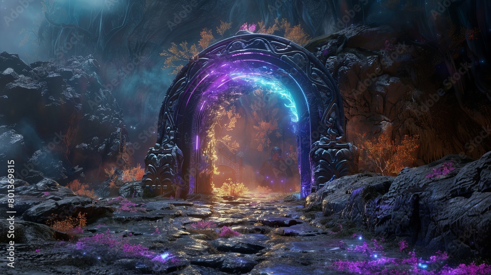 Imaginative portrayal of a portal within a stone arch in a mountain ...