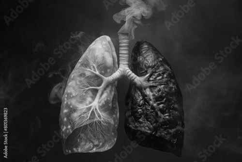 A black and white x-ray image of lungs, one healthy and clear, the other darkened and scarred from cigarette smoke 
